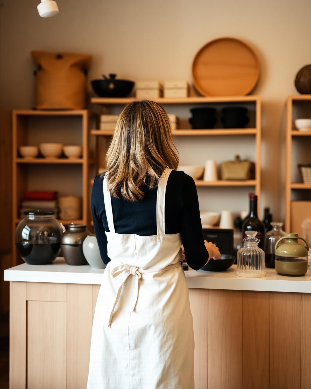 Owner styling the boutique counter